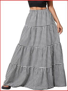 Polyester Maxi Skirt High Waist A-Line Tiered Ruffle Casual Flowy